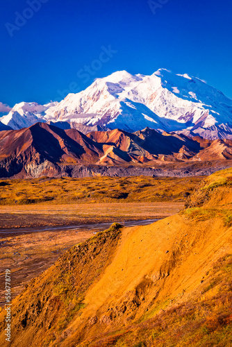 Close-up of Mount Denali (McKinley) and Muldrow Glacier, viewed from Eielson Bluffs in autumn; Denali National Park and Preserve, Interior Alaska, Alaska, United States of America photo