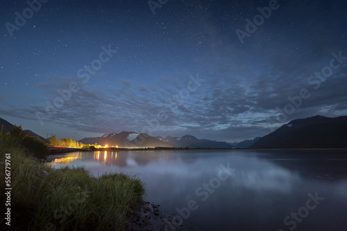 Ghost town and remains of Portage, Alaska (after 1964 Earthquake) at night along Turnagain Arm; Alaska, United States of America