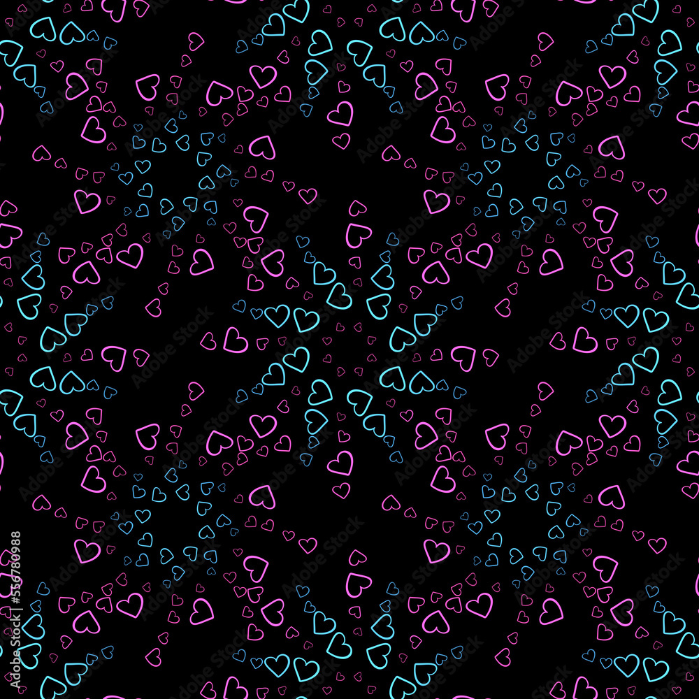 Seamless pattern of pink and blue hearts flowers on a dark background.Print with hearts in kaleidoscopic ornamental style.