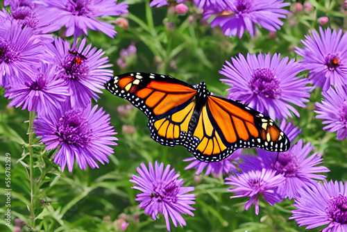 monarch butterfly on purple flower in summer floral  generated Ai.