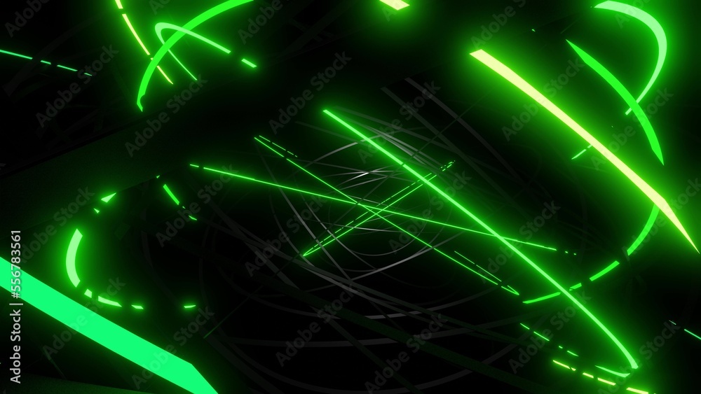 3d render. Abstract geometric bg with rings form complex twisted spiral and light effects. Rings flash neon green lights. Neon ring bulbs for show or events, festivals or concerts