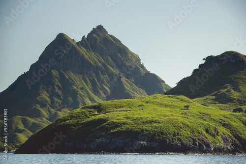 Rugged landforms covered in green foliage along the ocean coastline under a blue sky, Komodo National Park; East Nusa Tenggara, Indonesia photo