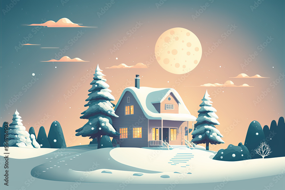 Naklejka premium Winter landscape and house, Christmas illustration, flat style