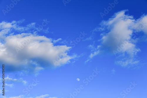 Moon, blue sky and white clouds in the sky.