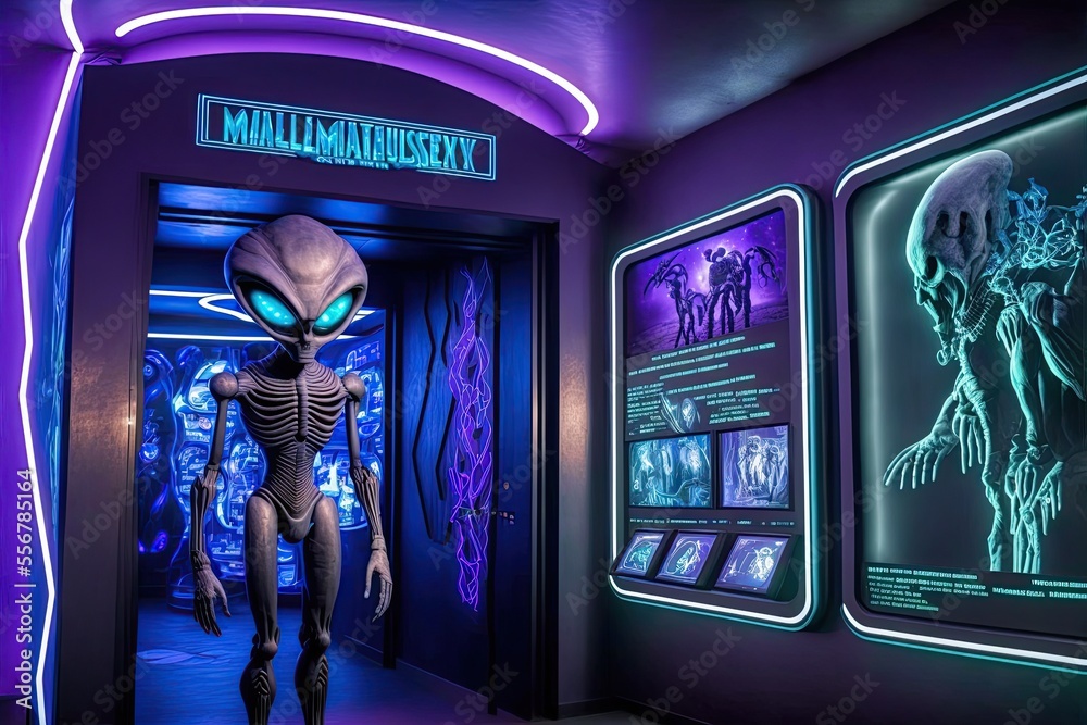 An intergalactic humanoid visits an Alien museum to learn about the culture and past of his alien race. The museum holds relics and data about numerous Alien civilizations. - obrazy, fototapety, plakaty 