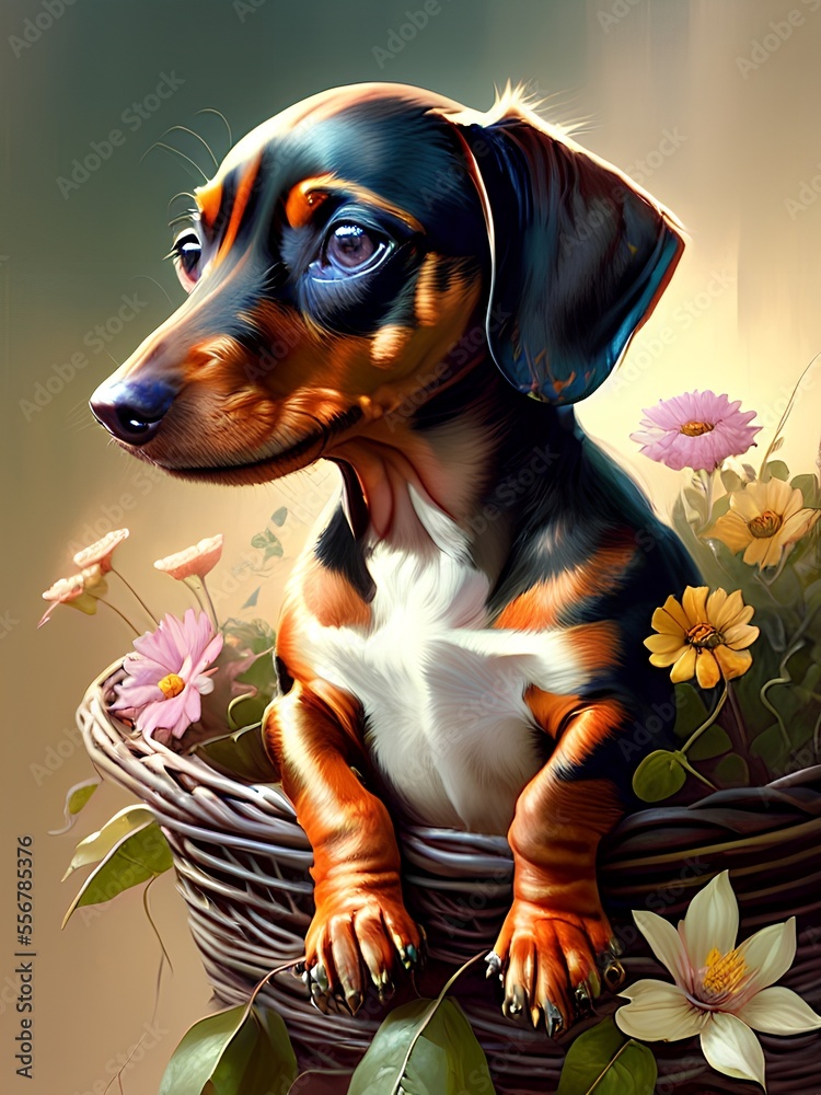 adorable dachshund puppy. dachshund in flowers, dog in a wicker basket