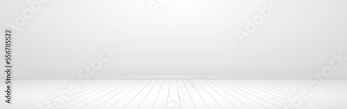 Wall and floor mockup. Empty white room. Wide wall with light effect. Interior template with wooden floor. Clean living space template. Vector illustration