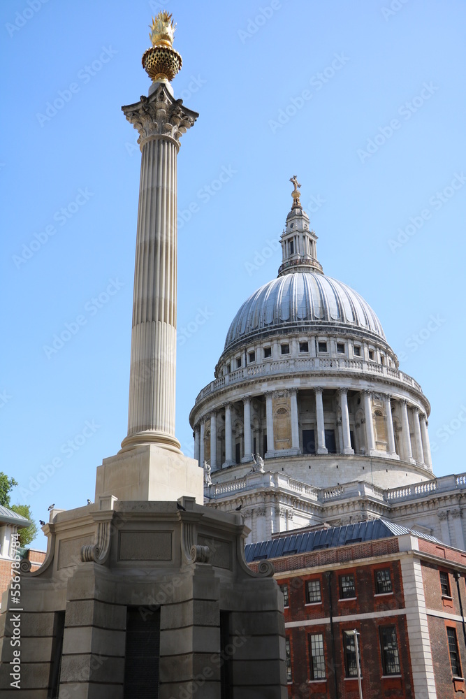 View to Saint Paul´s Cathedral and Paternoster Square Column in London, England Great Britain