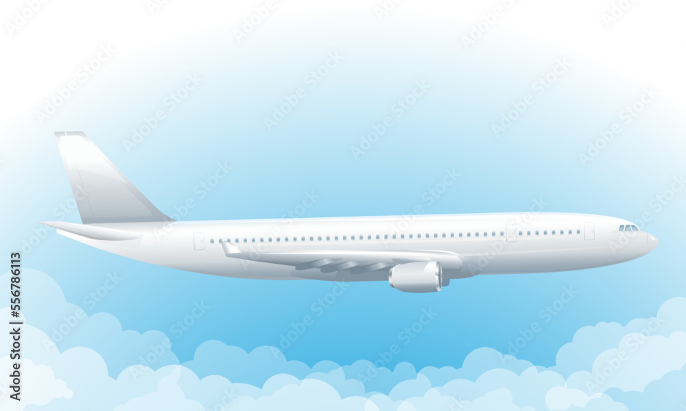 Passenger plane on side view flying in blue sky with clouds, air transport high in the sky over the clouds