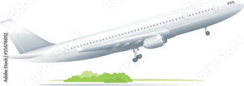 Passenger plane takes off from a runway on side view, air transport isolated illustration, one gray passenger plane break away from the ground