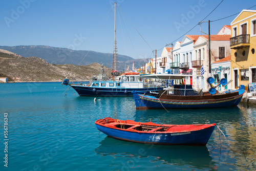 Boats moored in the harbor of the historical island of Kastellorizo (Megisti) Island; Dodecanese Island Group, Greece