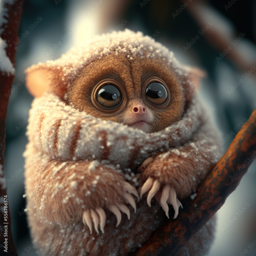 Little tarsier with big eyes and coat in snowy winter day. Generative AI. Little tarsier with big eyes and coat in snowy winter day. Generative AI.