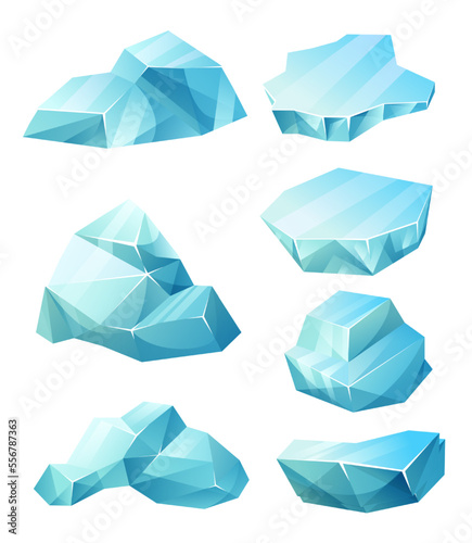 Glaciers, iceberg pieces, blue blocks of ice, frozen water and snow. Crystals of ice, iceberg broken pieces of ice, icicles, cold frozen blocks ice mountain