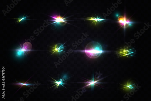 Flash. Realistic flares. Glowing effects. Sparkle glares. Collection of beautiful bright lens flares. Lighting effects of flash.