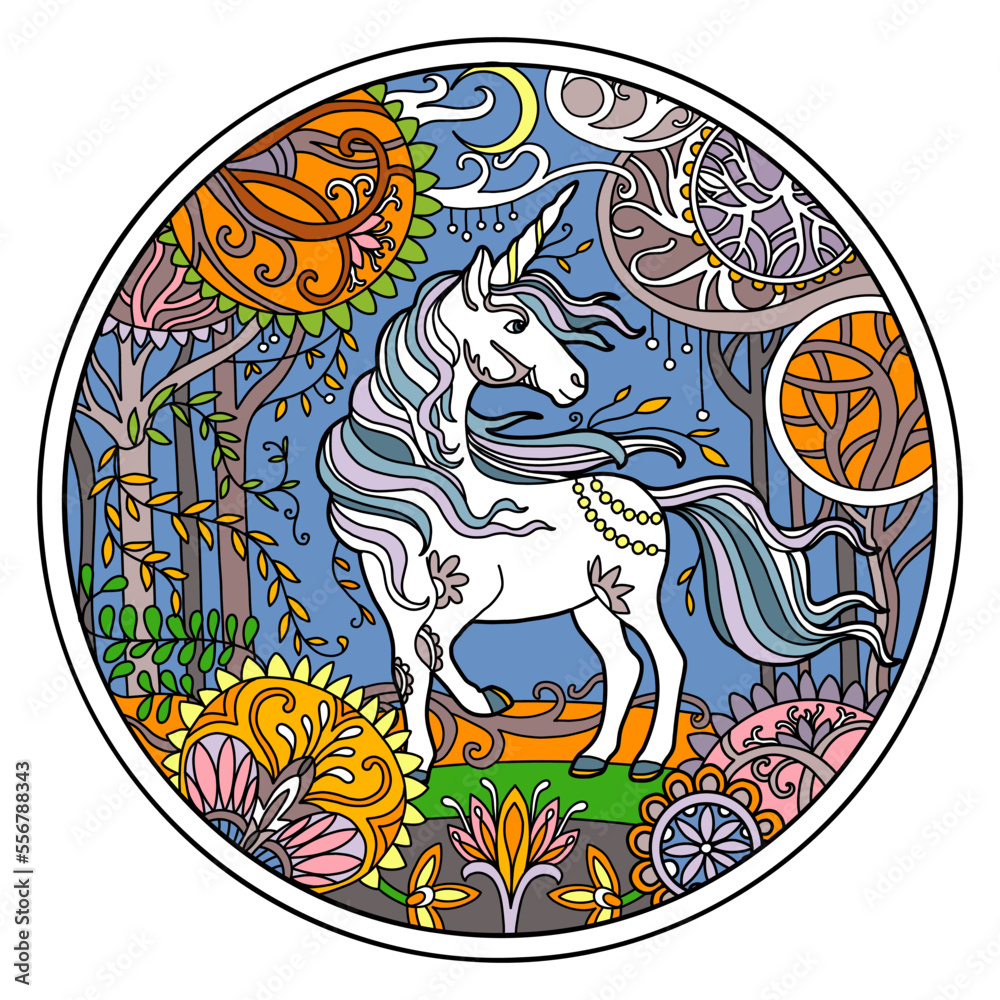 White unicorn round color vector isolated illustration