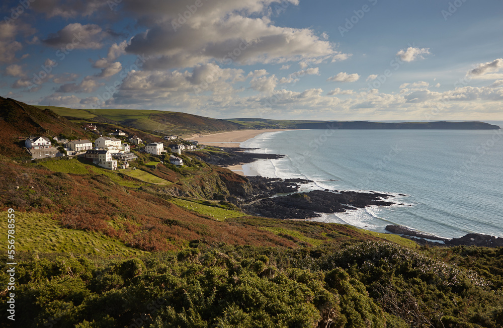 A view along Woolacombe Beach from Mortehoe, near Barnstaple, Devon, Great Britain; Southwest England, Great Britain, United Kingdom A view along Woolacombe Beach from Mortehoe, near Barnstaple, Devon, Great Britain; Southwest England, Great Britain, United Kingdom