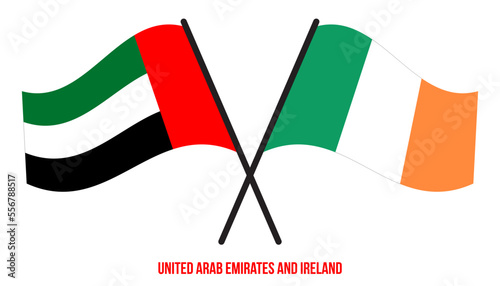 United Arab Emirates and Ireland Flags Crossed And Waving Flat Style. Official Proportion.