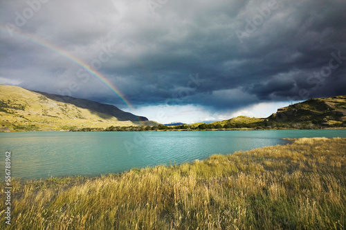 A rainbow in Torres del Paine National Park, Patagonia, Chile.; Lago Toro, Torres del Paine National Park, Patagonia, Chile. photo