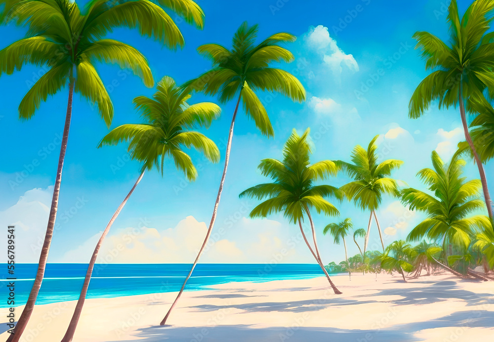 Obraz premium dazzling ocean front view, sea beach. White sand, blue ocean and palm trees