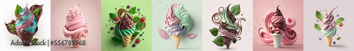 Food collage of ice cream, berry. Illustration food style modern art. Banner photo
