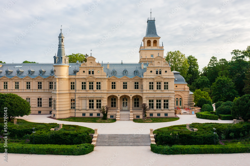 Fototapeta premium Aerial view about the period-correctly renovated Wenckheim Palace at Szabadkigyos, Hungary. It was built between 1875 and 1879 based on the plans of Miklos Ybl.