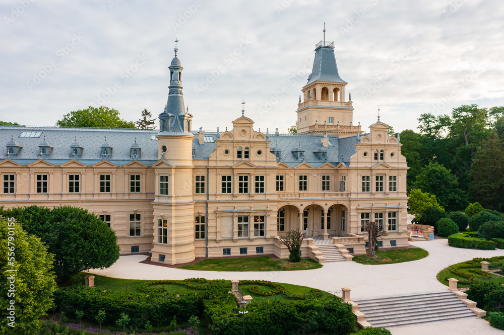 Aerial view about the period-correctly renovated Wenckheim Palace at Szabadkigyos, Hungary. It was built between 1875 and 1879 based on the plans of Miklos Ybl.