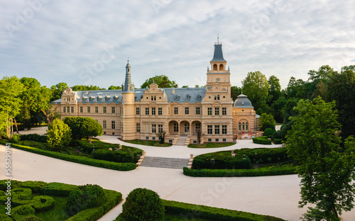 Aerial view about the period-correctly renovated Wenckheim Palace at Szabadkigyos, Hungary. It was built between 1875 and 1879 based on the plans of Miklos Ybl.