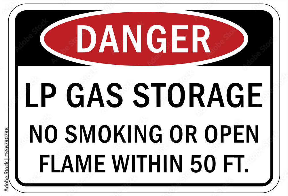Fire hazard, flammable gas sign and labels lp gas storage