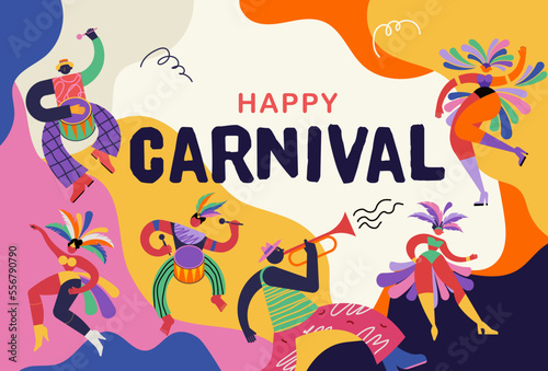Happy Carnival, Brazil, South America Carnival with samba dancers and musicians. Festival and Circus event design with funny artists, dancers, musicians and clowns. Colorful background with splashes