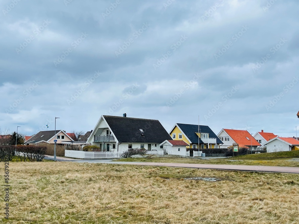 A view of red wooden houses on Vrango Archipelago island .