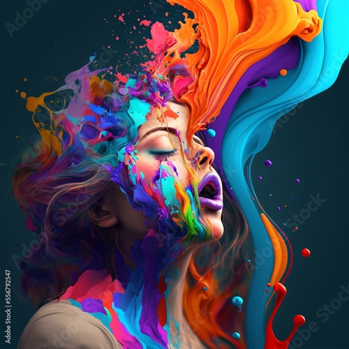 Girl (Woman) in colored paints, explosion of colors, many different colors, colorized - Generative AI