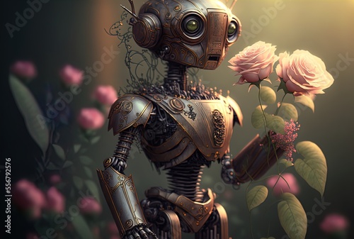 Robot or AI holding flowers. Art. Illustration. Generative AI.