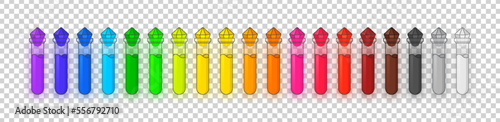 Magic elixir glass vector flask set. Cartoon potion tubes placed by the color of the rainbow. Colorful wizard bottles. Magician equipment set for wizard's experiments. Vector on transparent background