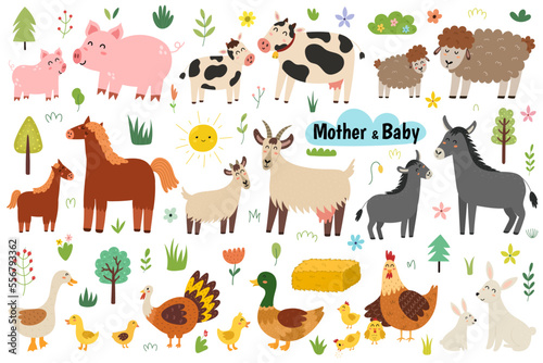 Fototapeta Naklejka Na Ścianę i Meble -  Cute mother and baby farm animals set. Big collection with sheep, pig, cow, duck, horse, hen, goat, donkey moms and their babies. Mother Day bundle with funny animals and plants. Vector illustration