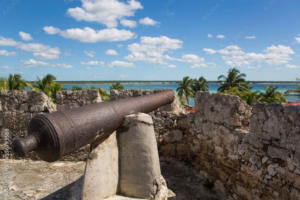 Colonial Cannon, Fort de San Felipe, founded 1725, Bacalar, Mexico; Bacalar, Quintana Roo, Mexico Colonial Cannon, Fort de San Felipe, founded 1725, Bacalar, Mexico; Bacalar, Quintana Roo, Mexico