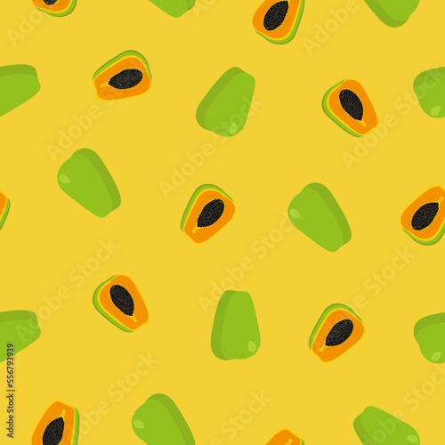 Bright seamless pattern with whole and half papaya fruit in vector on yellow background