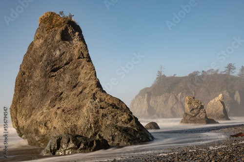 Sea stacks at Ruby Beach on Olympic Peninsula in the Olympic National Park on the Washington Coast. The near rock formation looks like a Walrus rearing; Forks, Washington, United States of America photo