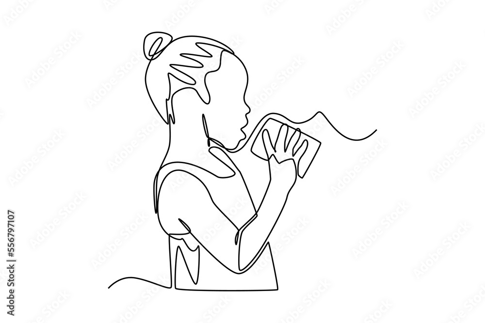 Continuous one line drawing happy girl using cans string for talking. Communication concept. Single line draw design vector graphic illustration.