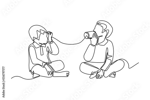 Continuous one line drawing happy little boys talk using string phone. Communication concept. Single line draw design vector graphic illustration.