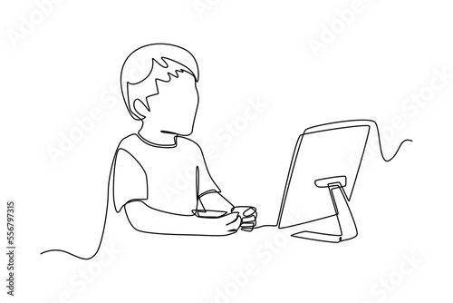 Continuous one line drawing kid using computer for Online education at home. Communication concept. Single line draw design vector graphic illustration.