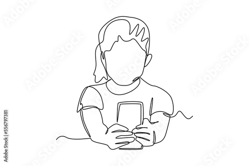 Continuous one line drawing cute little girl using smartphone. Communication concept. Single line draw design vector graphic illustration.