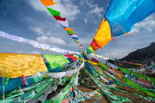 Colorful prayer flags on a hilltop against a blue sky; Amdo, Tibet photo