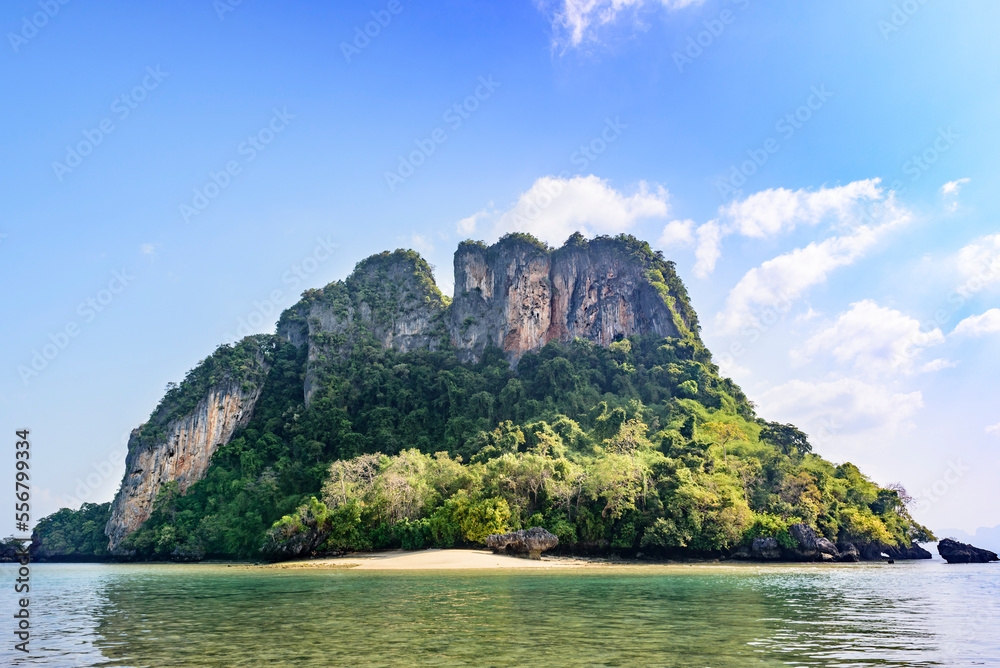 View of a small beach along the shore of a tropical island with cliffs from karst rock formations and lush vegetation; Phang Nga Bay, Thailand View of a small beach along the shore of a tropical island with cliffs from karst rock formations and lush vegetation; Phang Nga Bay, Thailand