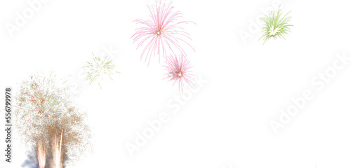 Isolated pink green and yellow gold fireworks overlay