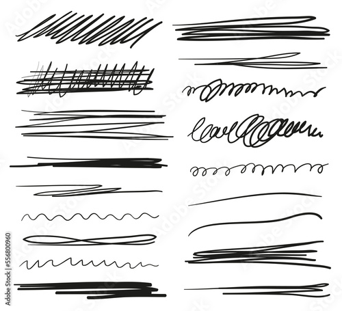 Hand drawn underlines on white. Abstract backgrounds with array of lines. Stroke chaotic patterns. Black and white illustration. Sketchy elements for posters and flyers