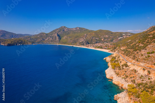 Landscape secret beach of Oludeniz and blue lagoon Turkey Fethiye, aerial top view