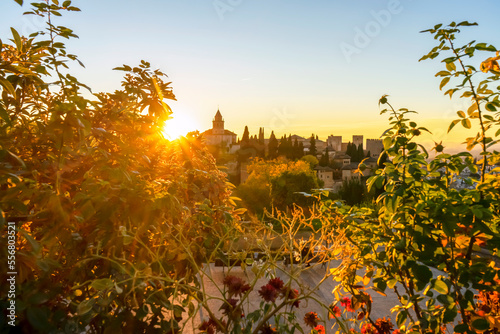 Sunset over ancieat arabic Alhambra in Granada, Spain on November 26, 2022
