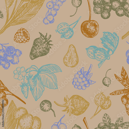 Seamless pattern of different berries. Summer fruit berry ornament. Hand drawn vector illustration. Retro engraving style design.