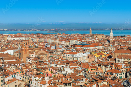 View of the cityscape of Venice from the belvedere of the bell tower of San Marco; Venice, Veneto, Italy