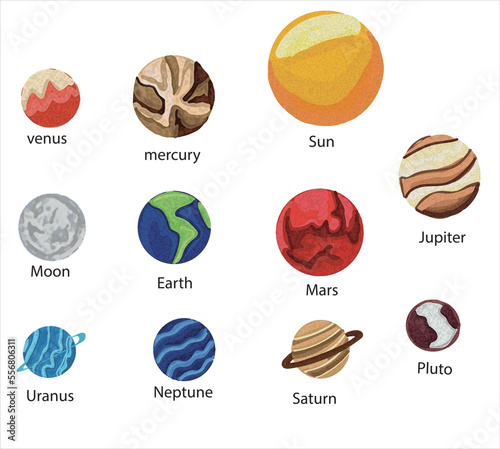 Planets of Solar system and comet isolated cartoon set on white. Vector inner, rocky Mercury, Venus and Earth, Mars. Outer space gas giants Jupiter and Saturn, ice Uranus and Neptune, Pluto, Sun Moon 